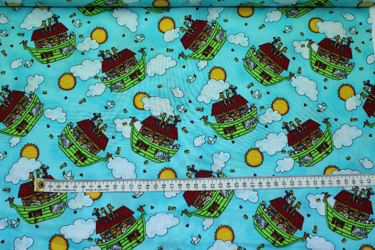 noah's arc on turquoise children's fabric