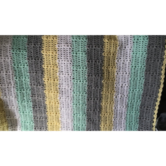 Crochet blanket in white mint grey and yellow stripes.  Crochet course