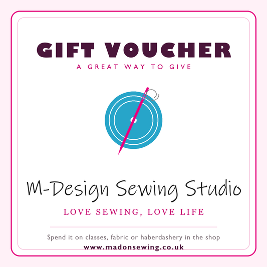 M-Design Sewing Studio gift voucher, spend on classes, fabric or haberdashery