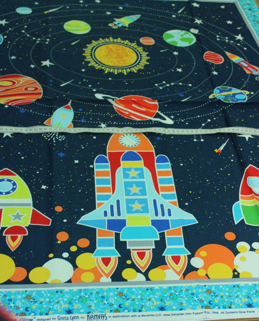 "All Systems Glow " Glow in the dark children's fabric quilt panel