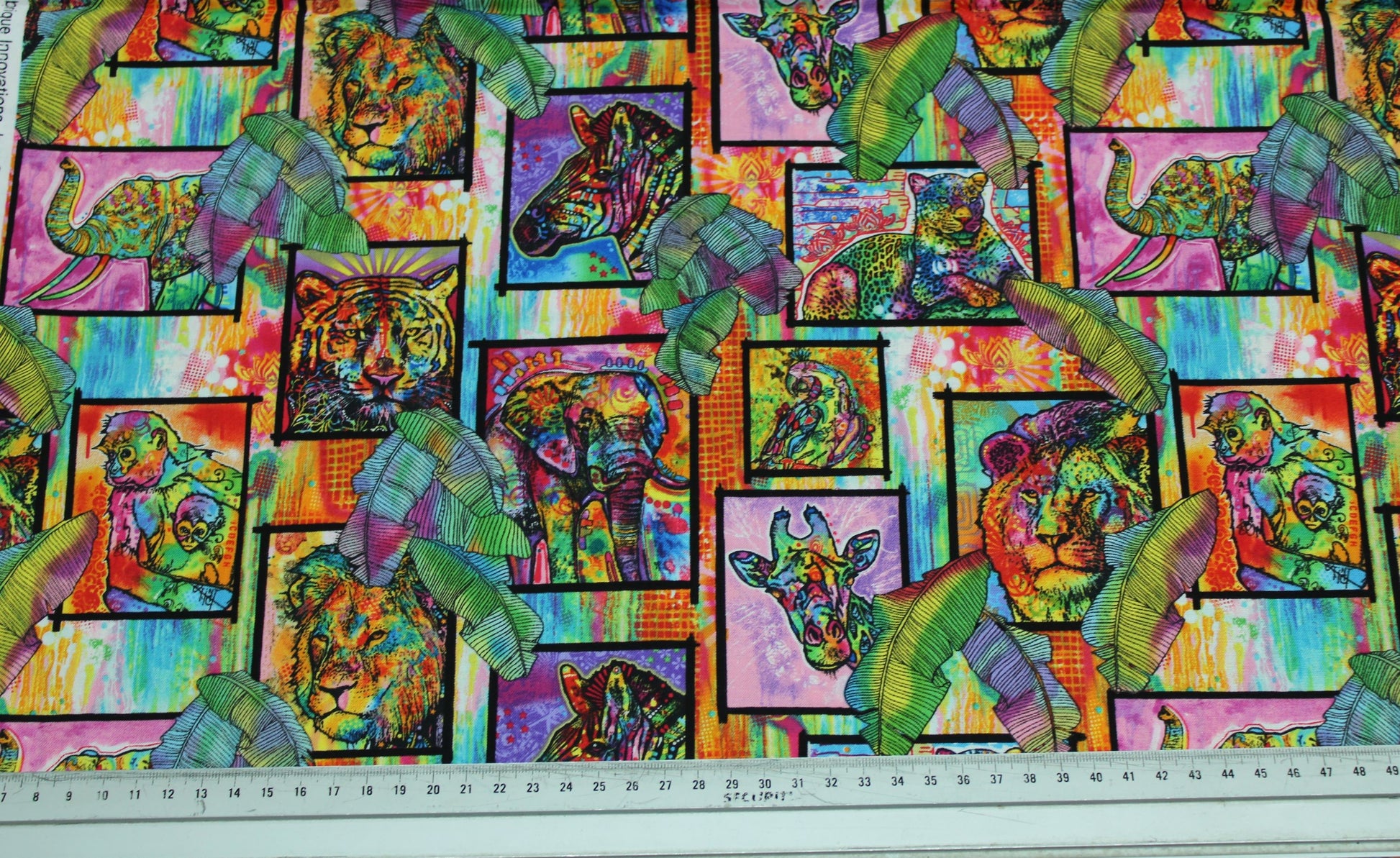 multicoloured technicoloured wild animals fabric