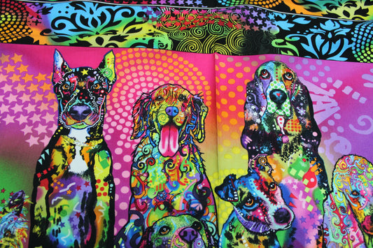 multicoloured, technicoloured dog quilting panel