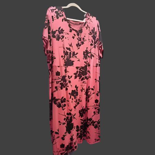 ladies coral and black jersey dress, Black flowers on coral background size  26  label "Big Girl's Blouse"