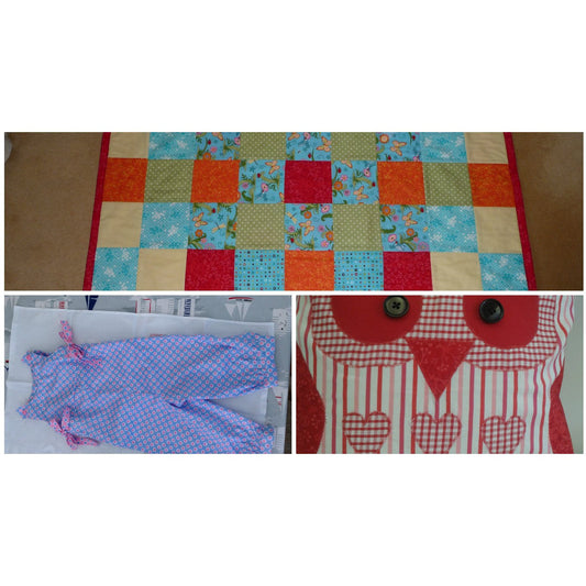 Image shows student's work, a patchwork baby quilt, child's dungaree playsuit and Owl cushion made in course